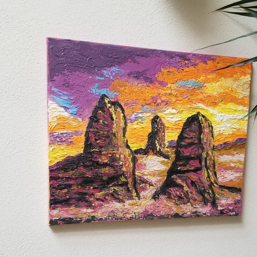 Hand painted textured acrylic Southwestern Desert, Mountains and Sunset …